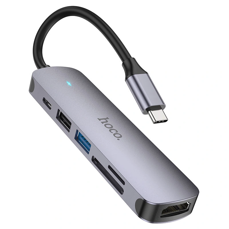 Хаб Hoco HB28 6in1 (HDTV+PD+USB3.0+USB2.0+SD+TF), Grey. Фото 1