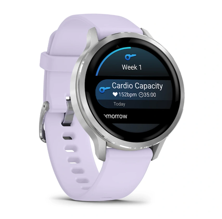 Умные часы Garmin Venu 4 41мм Серебристые с сиренево-голубым силиконовым ремешком (010-03013-41). Фото 3