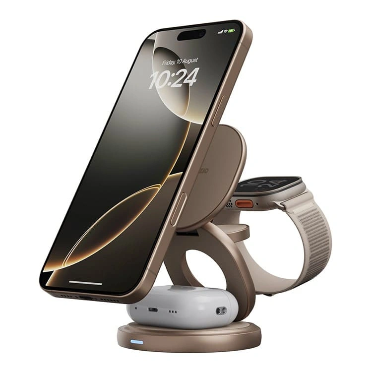 Беспроводное зарядное устройство EnergEA Bazic GoMag GYRE 3-in-1 magnetic foldable 360 rotating 15W, Gold (GM-GYRE360-GLD). Фото 1