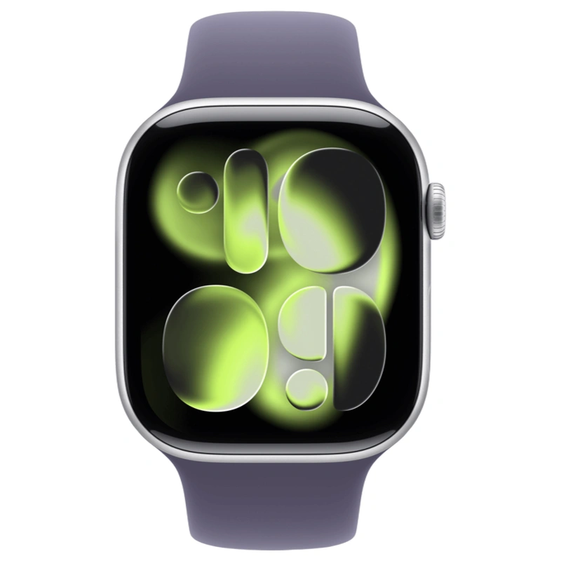 Apple Watch Series 11, 46 мм, алюминий цвета «Silver», спортивный ремешок "Purple Fog", M/L (MEVA4). Фото 2
