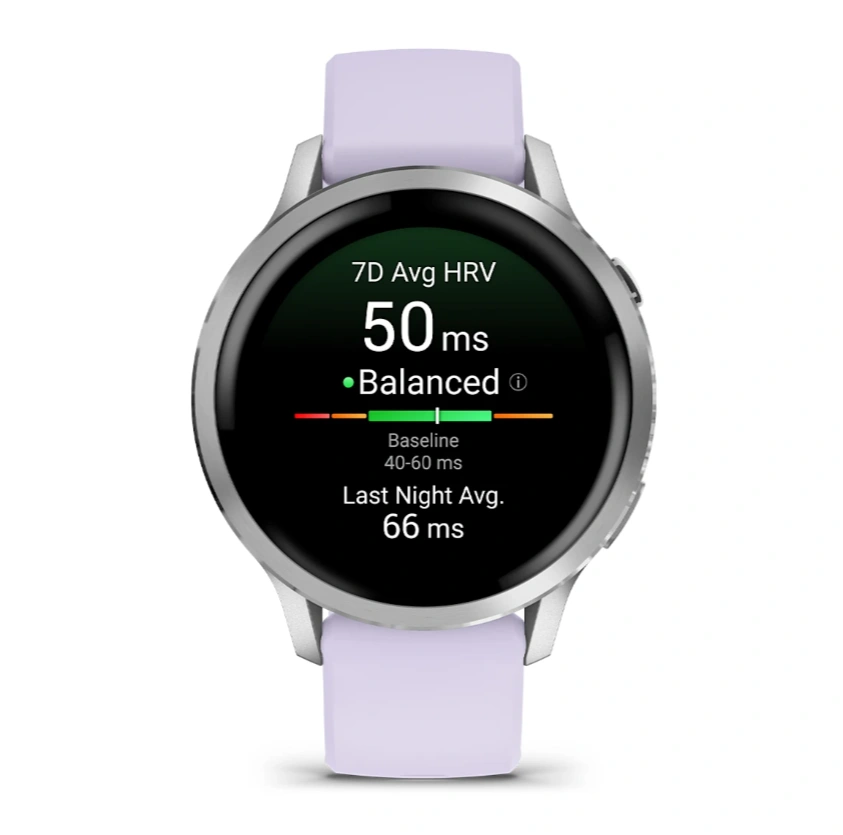 Умные часы Garmin Venu 4 41мм Серебристые с сиренево-голубым силиконовым ремешком (010-03013-41). Фото 4
