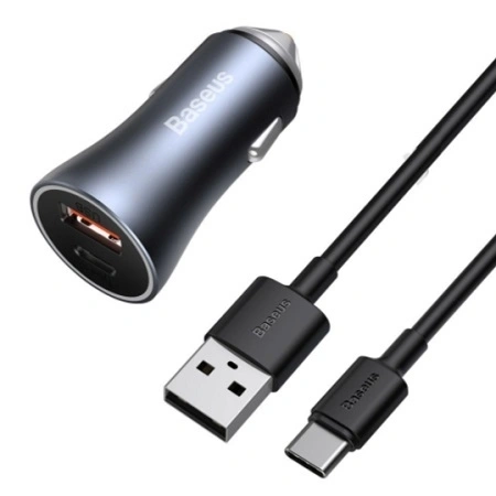 Автомобильное зарядное устройство Baseus Golden Contactor Pro Dual Quick Charger Type C - USB 40W (TZCCJD-0G) With Baseus Simple wiring USB For Type-C 5A 1m, Тёмно-серое. Фото 1