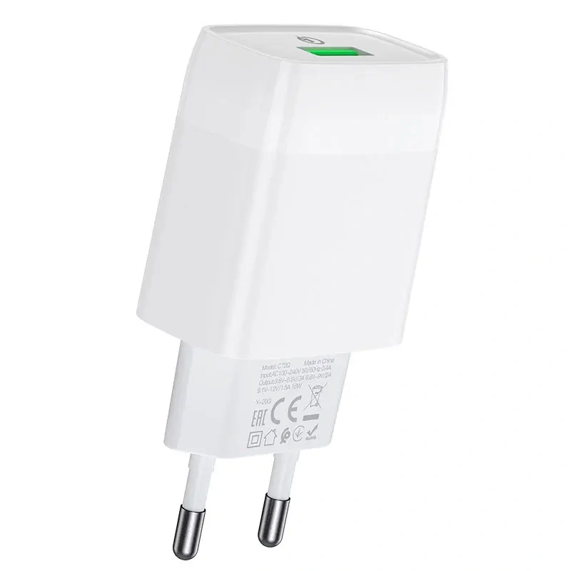 Сетевое зарядное устройство Hoco C72Q Glorious 1xUSB, 3А, 18W, QC3.0, Белое. Фото 2