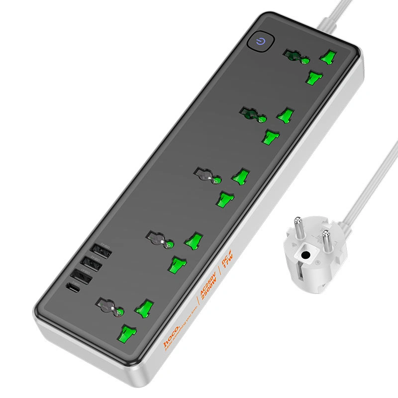 Сетевой фильтр Hoco AC13A Talento, 3*USB-A, 5*AC розеток, 1*USB-C, 1.5 м, 2500W DC17W, Black. Фото 1