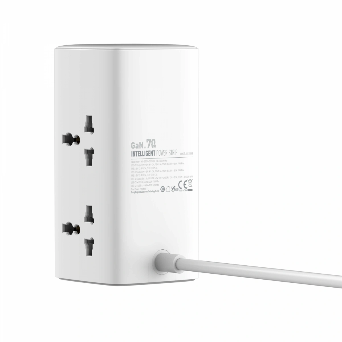 Сетевой фильтр LDNIO 70W Multifunctional Universal Desktop Power Adapter, 2500W, 4 розетки, 2хUSB-C, 1хUSB-A, 2 метра, Белый (SC4383). Фото 6
