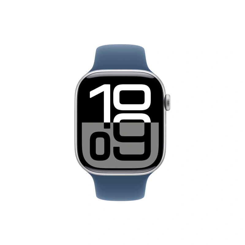 Apple Watch Series 10, 46 мм, серебристый алюминий, спортивный ремешок цвета "Denim", S/M (MWWL3). Фото 2