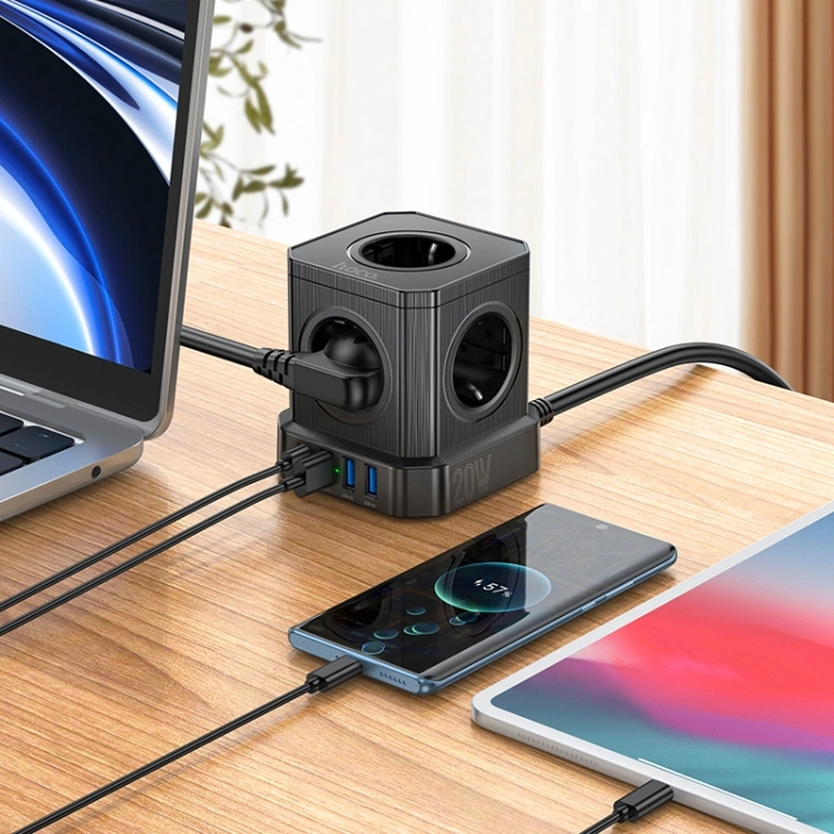 Сетевой фильтр Hoco NS8 (5 гнезд, 3USB/1USB-C, 20w, 2м), Black. Фото 6