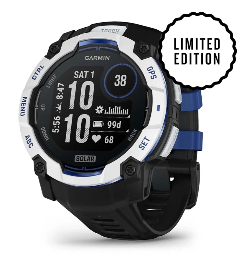 Умные часы Garmin Instinct 3 50mm, Solar, Белый камень/силиконовым ремешком: чёрный / ярко-синий (010-02935-43). Фото 1