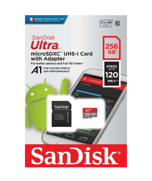 Карта памяти Sandisk 256Gb Ultra microSDXC Class 10 UHS-l UHD+SD адаптер 120мб/c (SDSQUA4-256G-GN6MA). Фото 1