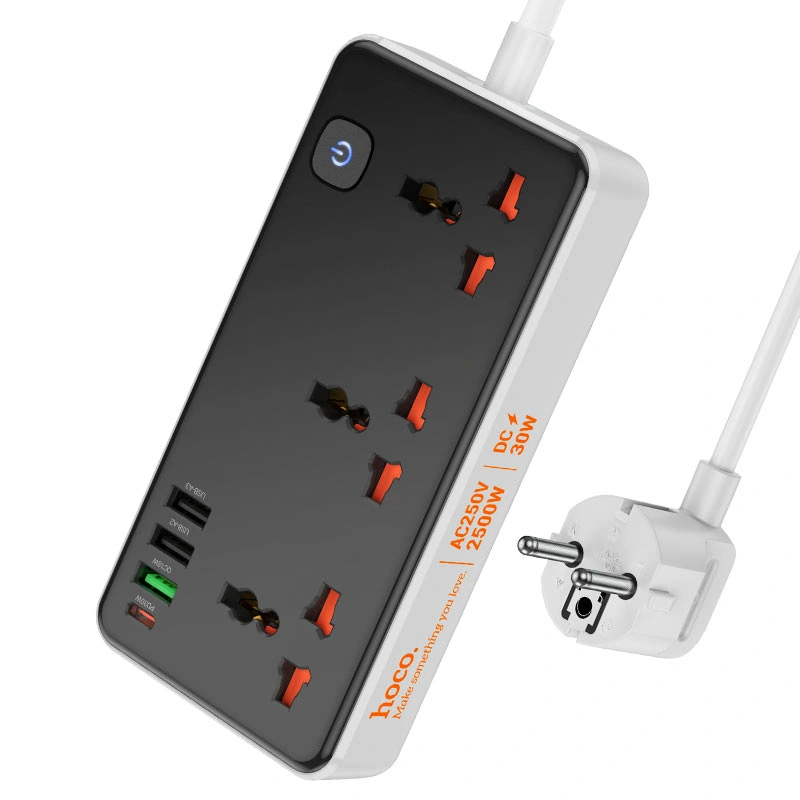 Сетевой фильтр Hoco AC8A 3 гнезда, USB-C, 3*USB-A 2500W 1.5m, Чёрный. Фото 3