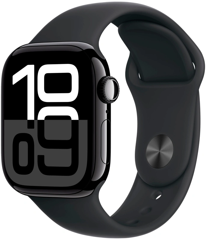 Apple Watch Series 10, 42 мм, алюминий цвета «черный глянец», спортивный ремешок цвета "Black", M/L (MWWF3). Фото 1