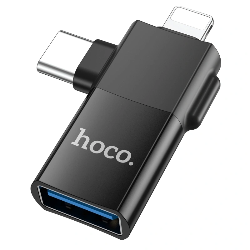 Переходник Hoco UA17 2-in-1 USB-A to Lightning/Type-C, Чёрный. Фото 1