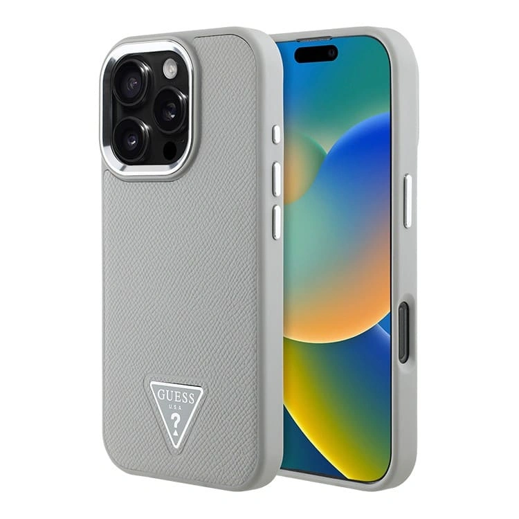 Накладка Guess для iPhone 16 Pro Max PU Grained leather Triangle metal logo Hard (MagSafe), Beige (GUHMP16XPGTSPSE). Фото 1