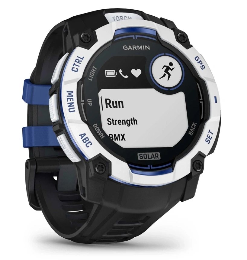 Умные часы Garmin Instinct 3 50mm, Solar, Белый камень/силиконовым ремешком: чёрный / ярко-синий (010-02935-43). Фото 3