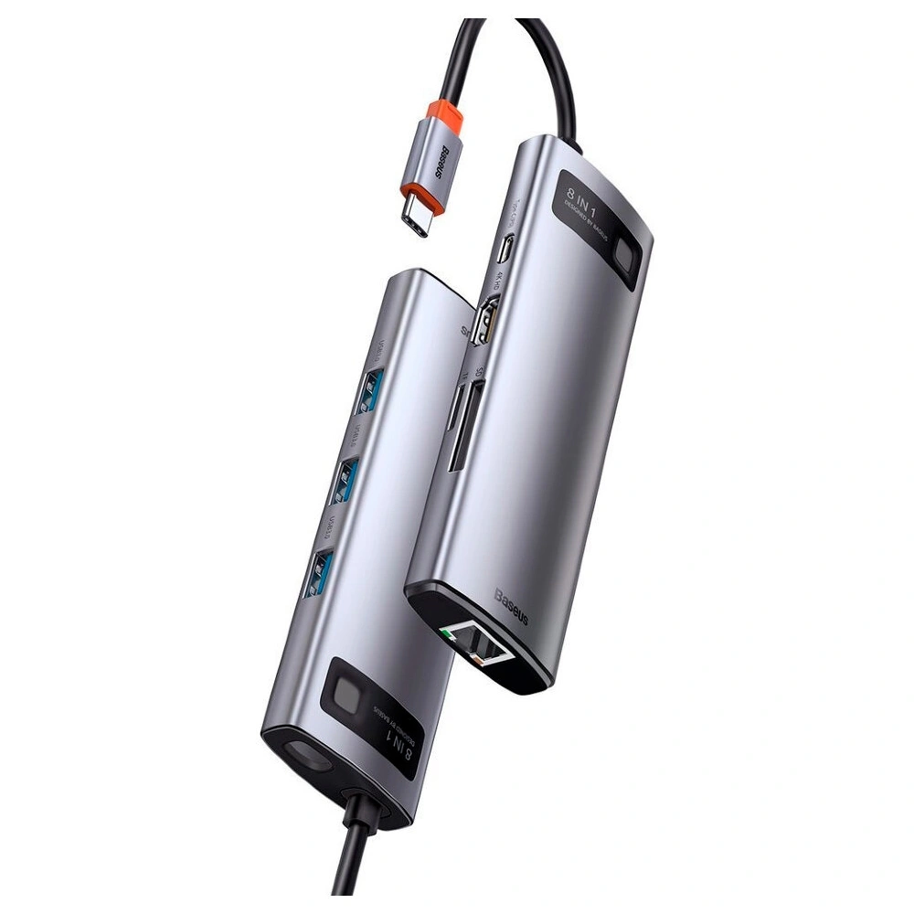 Хаб Baseus Metal Gleam Series 8-in-1 Multifunctional Type-C HUB Docking Station USB3.0x3, PD 100W, HDMI 4K, RJ45, SD, TF, серый (CAHUB-CV0G). Фото 5
