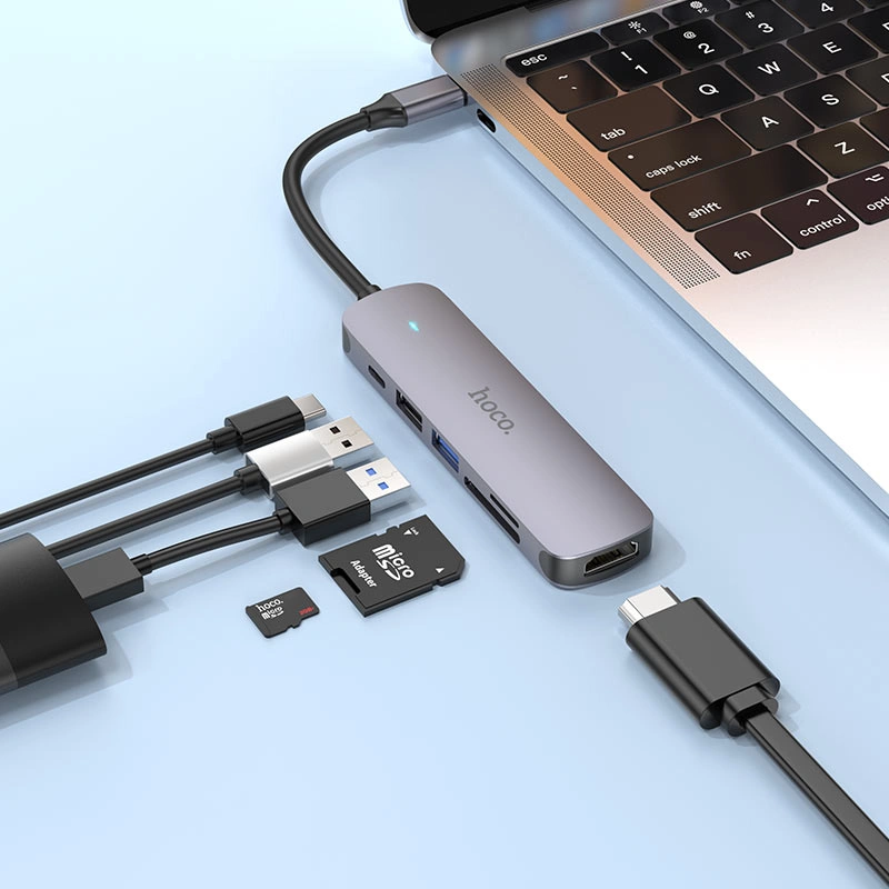 Хаб Hoco HB28 6in1 (HDTV+PD+USB3.0+USB2.0+SD+TF), Grey. Фото 7