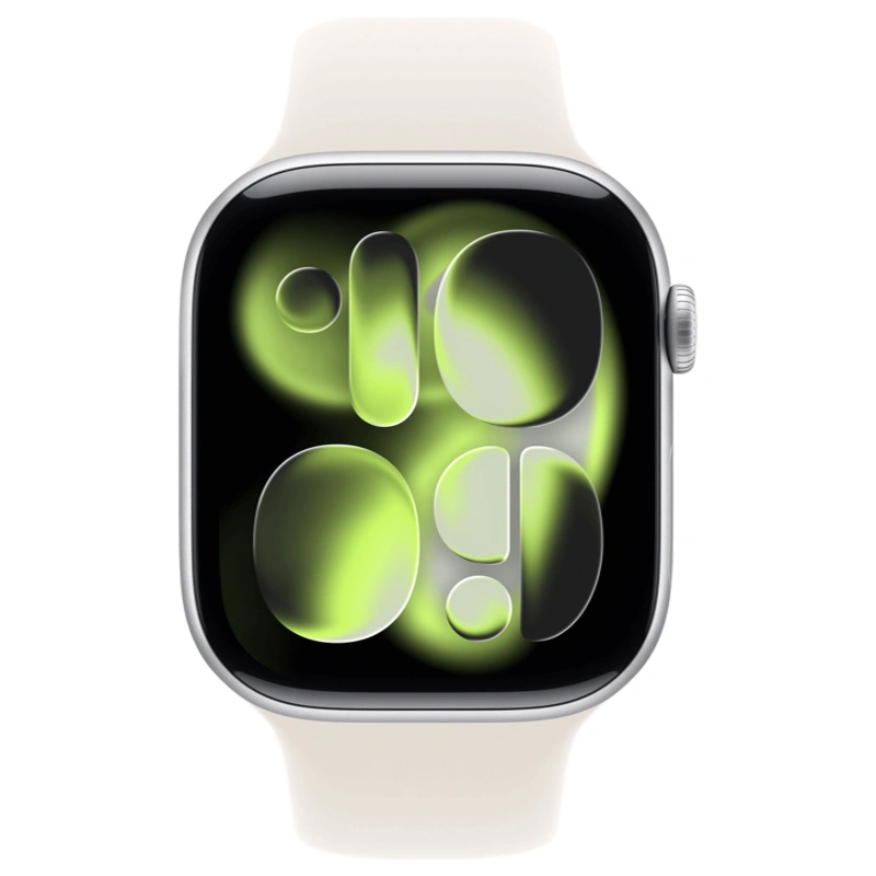 Apple Watch Series 11, 46 мм, алюминий цвета «Silver», спортивный ремешок "Starlight", M/L (MEWC4). Фото 2