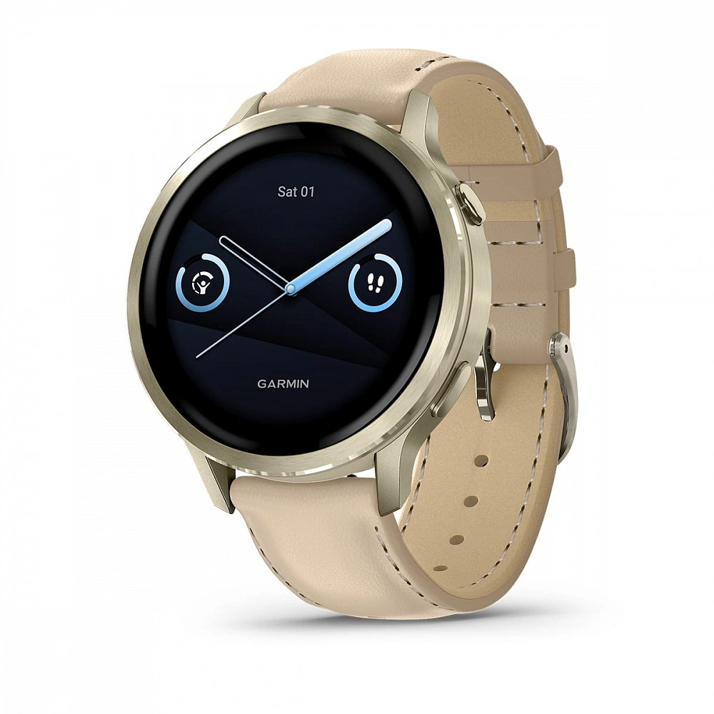 Умные часы Garmin Venu 4 41мм Лунно-золотистые с силиконовым ремешком цвета слоновой кости + кожаный ремешок песочного цвета (010-03013-03). Фото 1