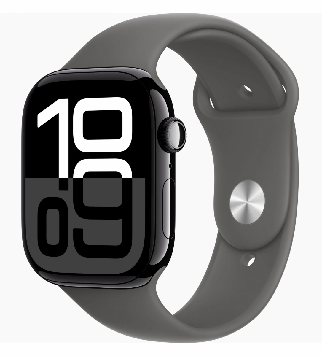 Apple Watch Series 10, 42 мм, алюминий цвета «чёрный глянец», спортивный ремешок цвета "Stone Gray", размер M/L (MWWX3). Фото 1