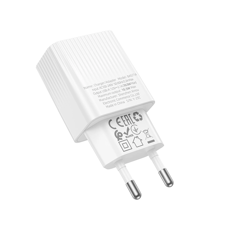 Сетевое зарядное устройство Borofone BAS71A 1xUSB 2.1A (10.5Вт), Белое. Фото 2