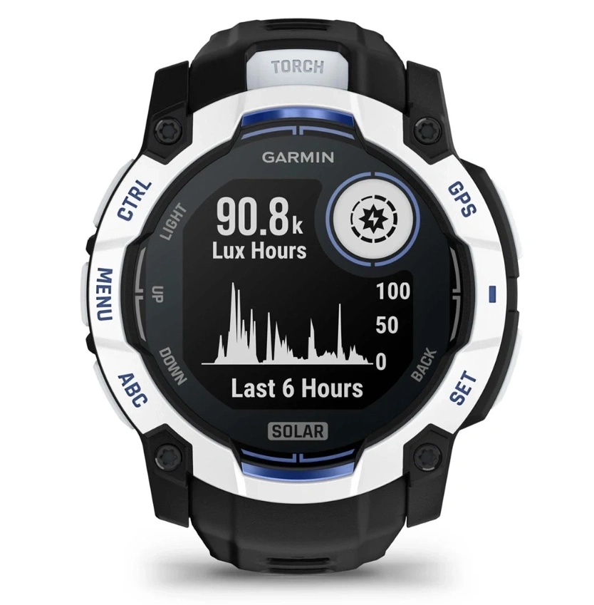 Умные часы Garmin Instinct 3 50mm, Solar, Белый камень/силиконовым ремешком: чёрный / ярко-синий (010-02935-43). Фото 2