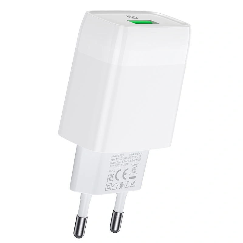 Сетевое зарядное устройство Hoco C72Q Glorious 1xUSB, 3А, 18W, QC3.0 + USB кабель Type-C, 1м, Белый. Фото 2