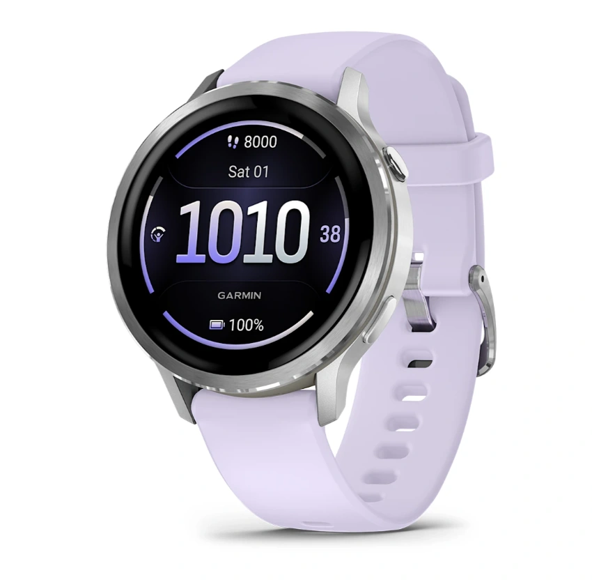 Умные часы Garmin Venu 4 41мм Серебристые с сиренево-голубым силиконовым ремешком (010-03013-41). Фото 1