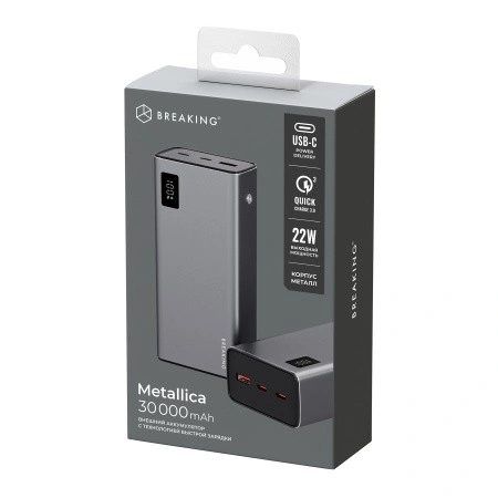 Внешний аккумулятор Breaking Metallica USB-A+2USB-C, 30000мАч, 22Вт,PD, QC 3.0 LED, Графит. Фото 4