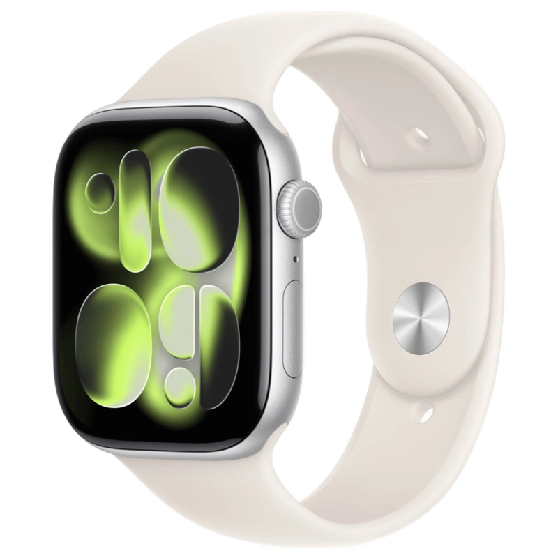 Apple Watch Series 11, 46 мм, алюминий цвета «Silver», спортивный ремешок "Starlight", M/L (MEWC4). Фото 1