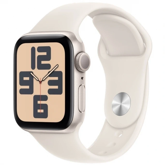 Apple Watch SE 2024, 44 мм, алюминий цвета "сияющая звезда", Starlight Sport Band, M/L (MXEV3). Фото 1