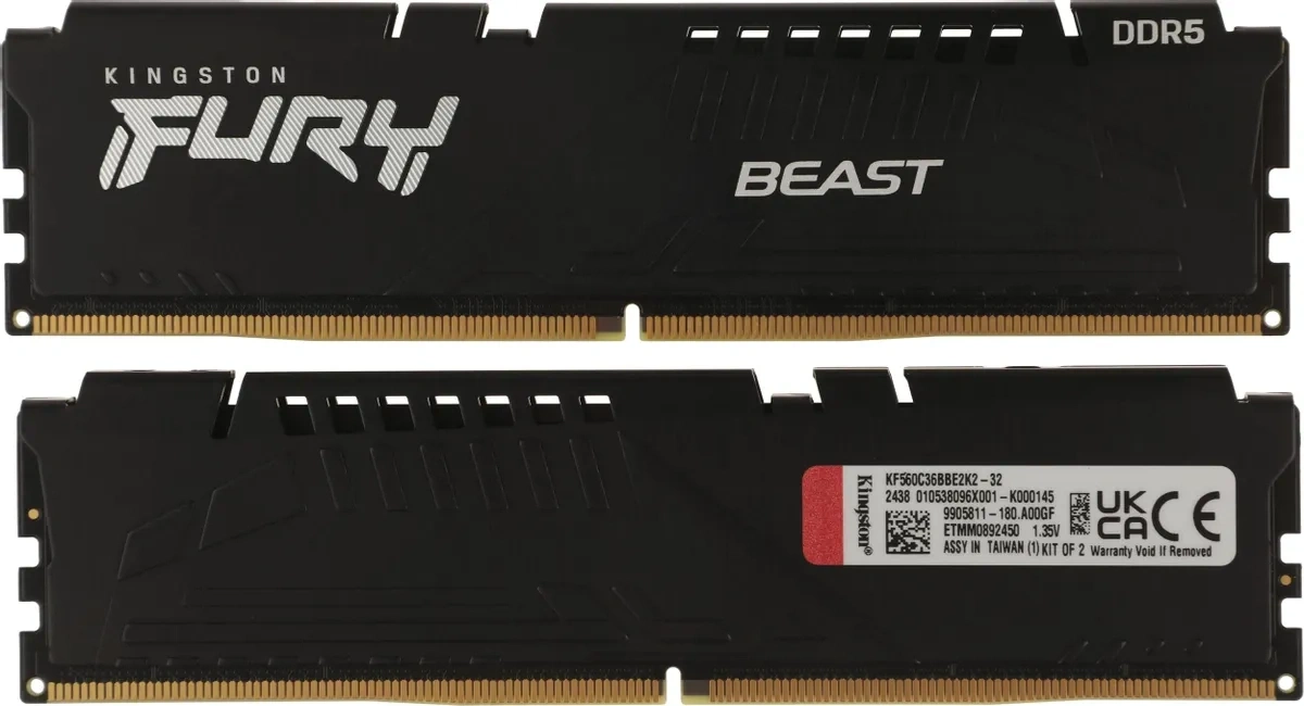 Оперативная память Kingston FURY Beast Black 32Гб, DDR5, 2х16 ГБ, 6000 МГц, 36-44-44 (KF560C36BBE2K2-32). Фото 1