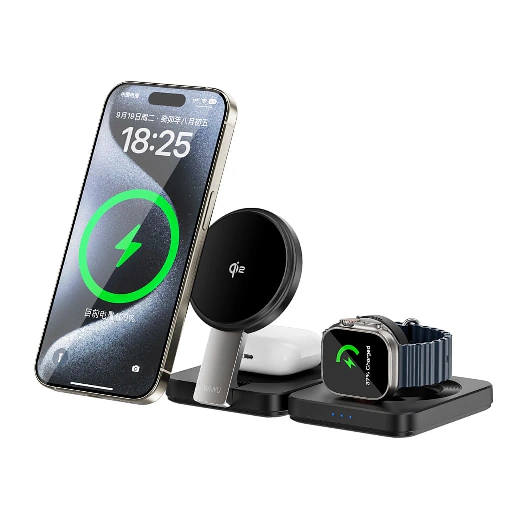 Беспроводное зарядное устройство Wiwu 3in1 Qi2.0 Folding Wireless Charger, Чёрное (Wi-W028). Фото 1