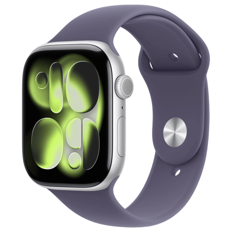 Apple Watch Series 11, 46 мм, алюминий цвета «Silver», спортивный ремешок "Purple Fog", M/L (MEVA4). Фото 1