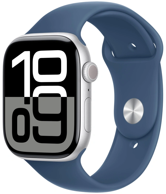 Apple Watch Series 10, 46 мм, серебристый алюминий, спортивный ремешок цвета "Denim", S/M (MWWL3). Фото 1