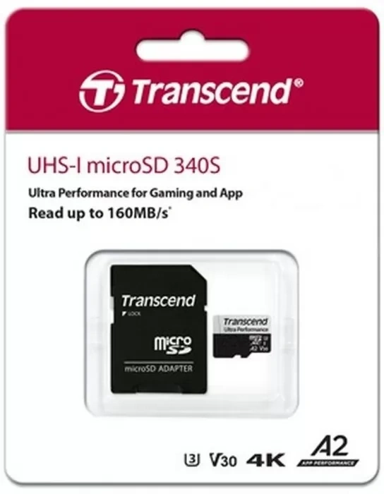Карта памяти Transcend 128Гб MicroSD Class 10 UHS-I V30 + SD адаптер 160мб/с (TS128GUSD340S). Фото 1