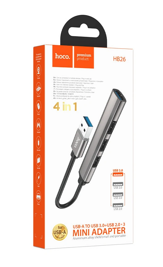 Хаб Hoco HB26 (USB-A to USB-A 3.0*1+ USB-A 2.0*3), Серый металлик. Фото 3