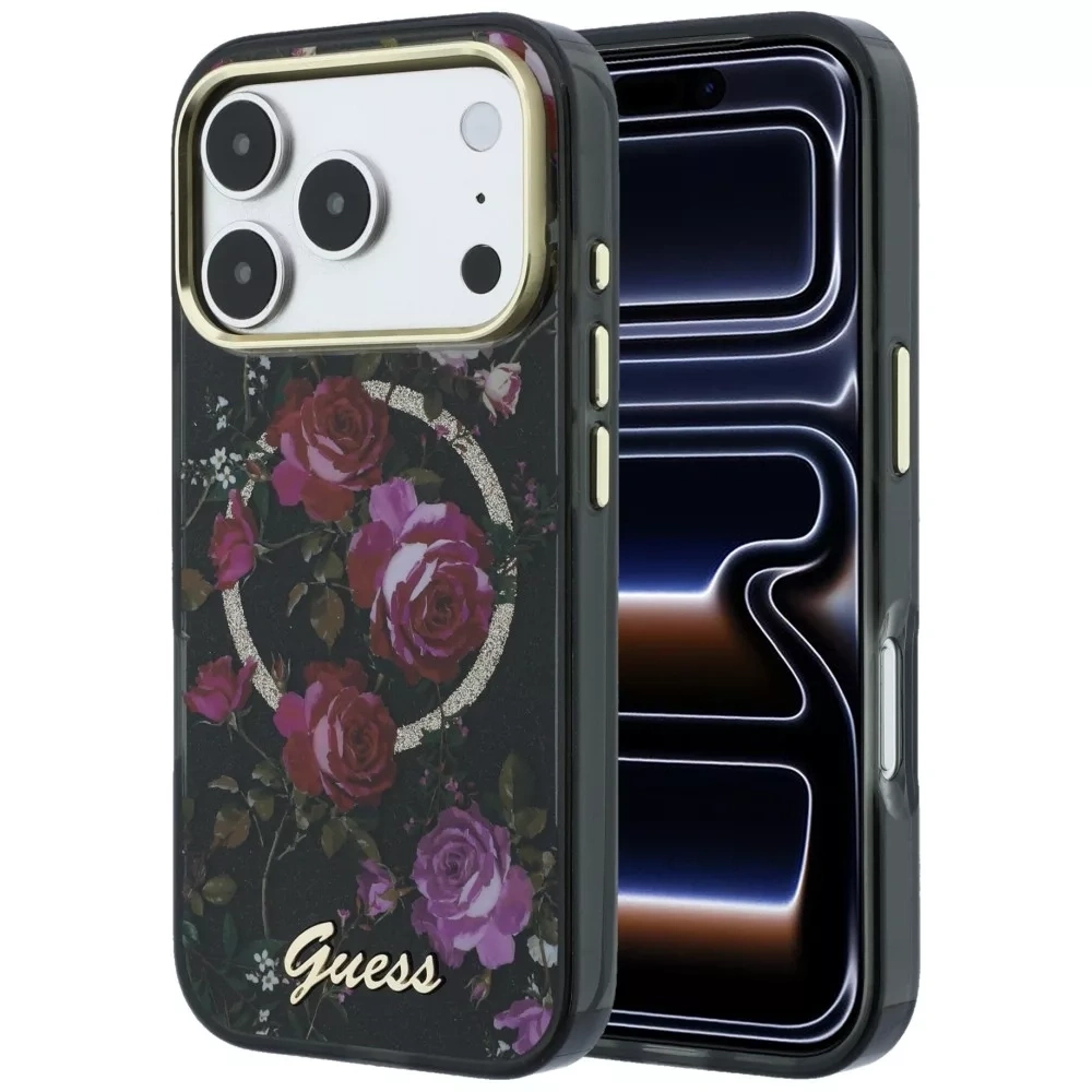 Накладка Guess для iPhone 18 Pro / 17 Pro IML Glitter Flowers Roses Metal Logo&Cam Hard (MagSafe), Black (GUHMP18L6HTBGSLK). Фото 1