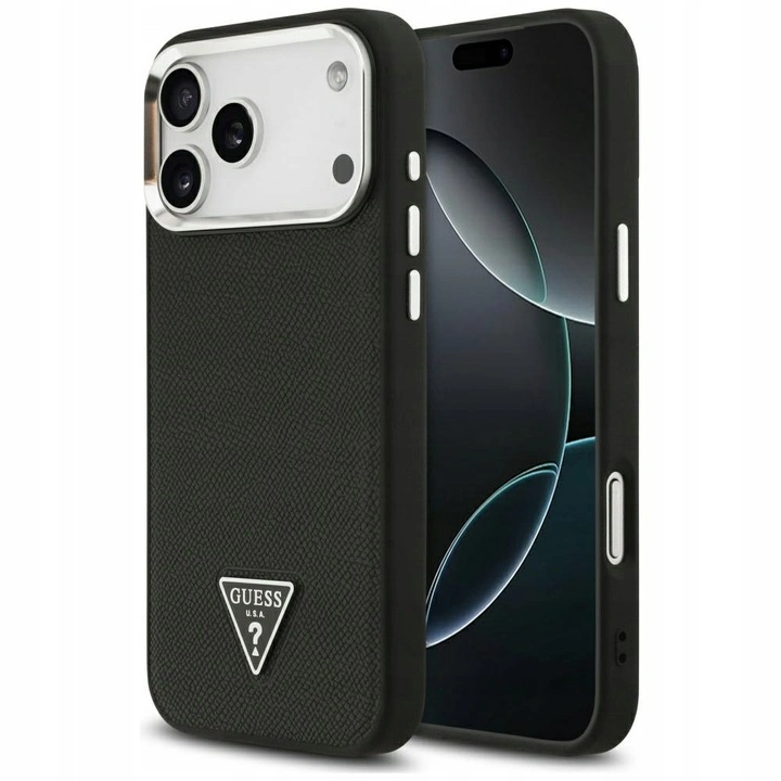 Накладка Guess для iPhone 17 Pro Max PU Grained leather Triangle metal logo & Cam (MagSafe), Чёрная (GUHMP17XPGTSPSK). Фото 1