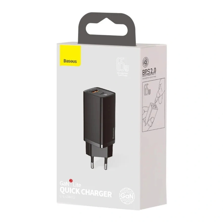 Сетевое зарядное устройство Baseus GaN2 Lite Quick Charger C+U 65W, Чёрное (CCGAN2L-B01). Фото 5