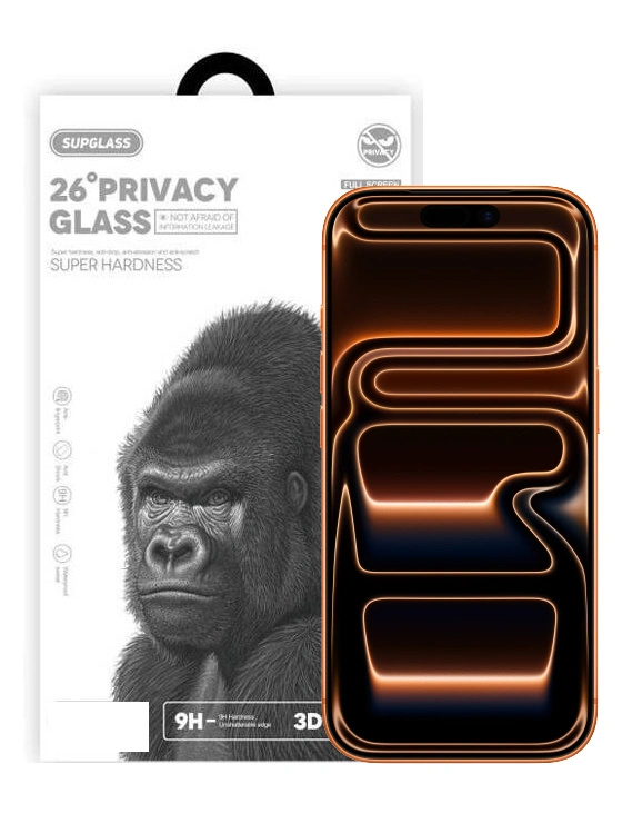 Защитное стекло SupGlass для iPhone 17 Pro Max Tempered Glass Super Hardness SG-12 (Анти-шпион), Чёрное. Фото 1