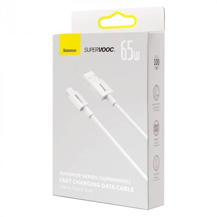 Кабель Baseus Superior Series (SUPERVOOC) Fast USB to Type-C 65Вт 1м, Белый (CAYS000902). Фото 3