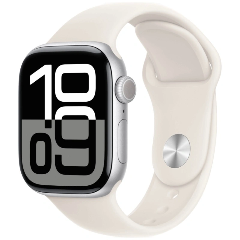 Apple Watch Series 10, 42 мм, серебристый алюминий, спортивный ремешок цвета "Starlight", S/M (MWWW3). Фото 1