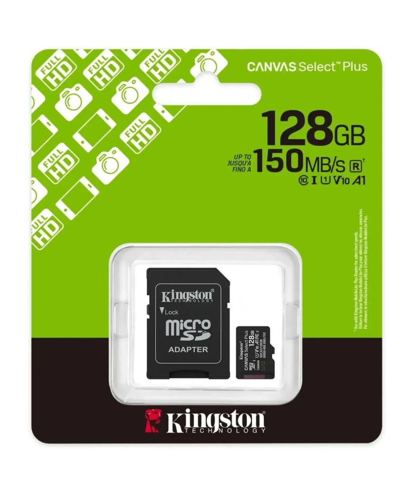 Карта памяти Kingston 128GB MicroSDXC Class 10 Canvas Select Plus (SDCS3/128GB) + SD адаптер 150мб/с.. Фото 1